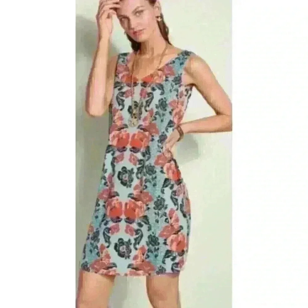 CAbi Dress Womens Small Maya Sleeveless Blue Orange Floral Resort
